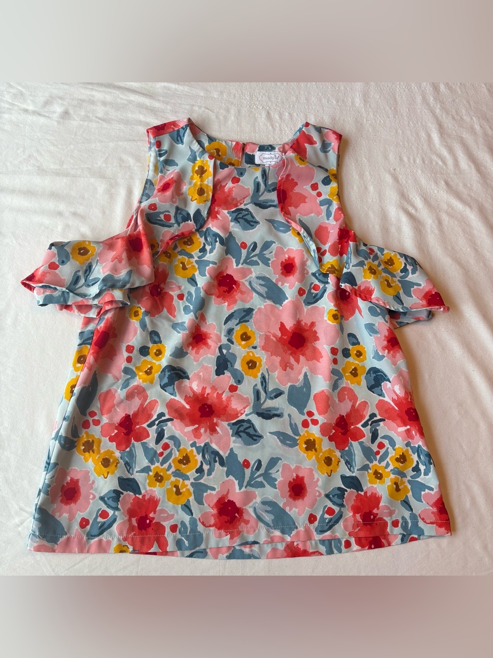 Mud Pie Floral Cold-Shoulder Top in a Light Blue Hue-Coral and Yellow Flowers